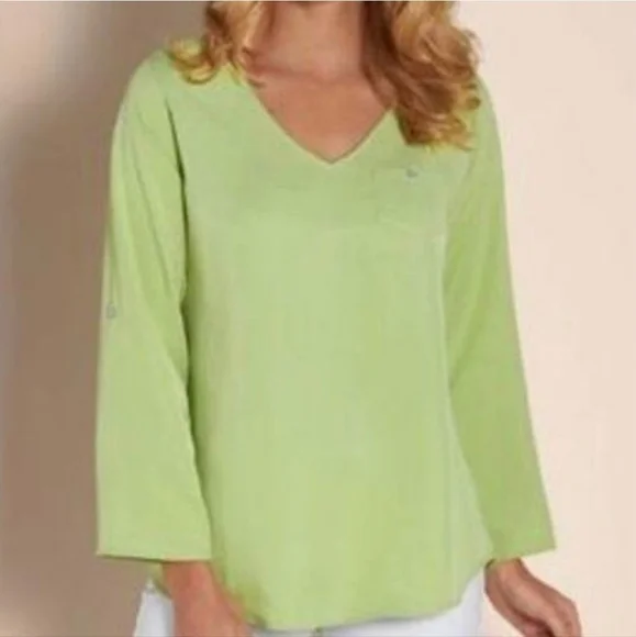 Soft Surroundings Tencel Margarita Green With Roll Tab Sleeves - Picture 7 of 8